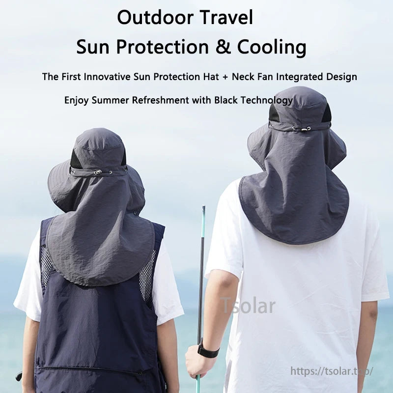 4-in-1 Sun Protection Hat, Outdoor sun protection hat with neck fan, innovative black technology for summer cooling.