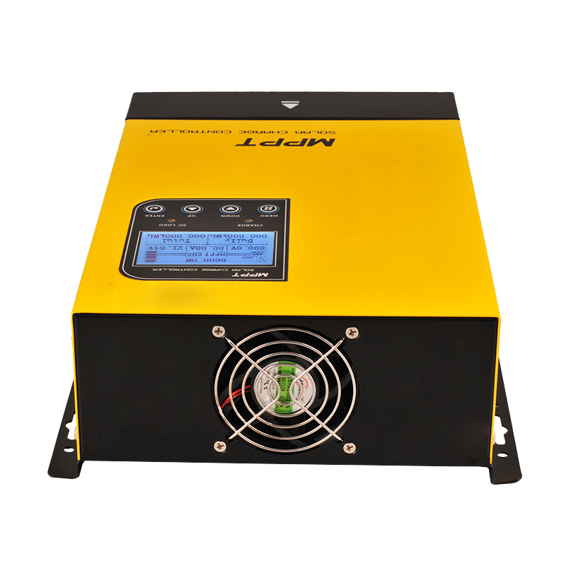 MPPT solar charge controller side view showing cooling fan grill and mounting feet