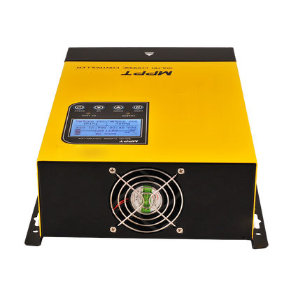 MPPT solar charge controller side view showing cooling fan grill and mounting feet
