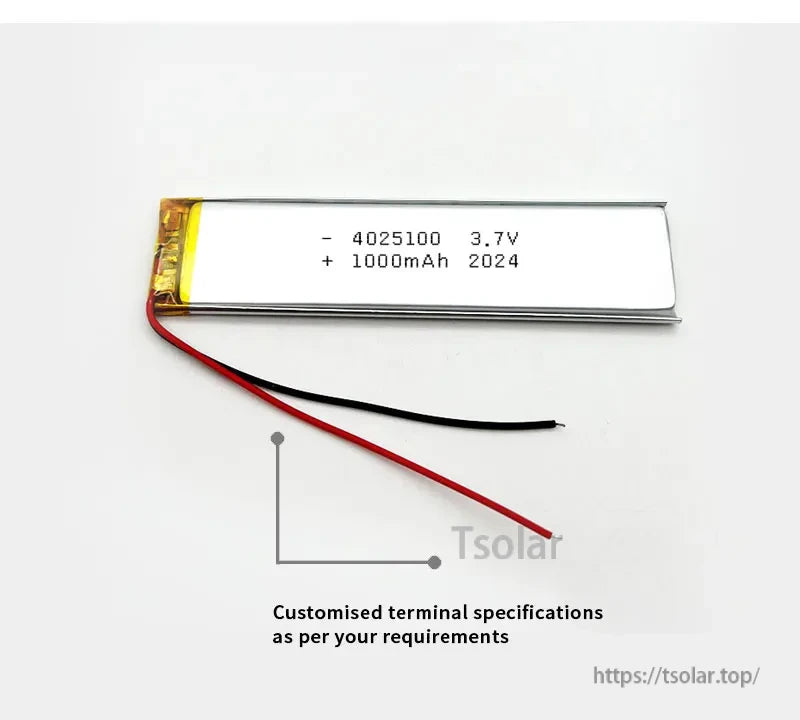4025100 3.7V 1000mAh lithium polymer battery with customized terminal specifications.