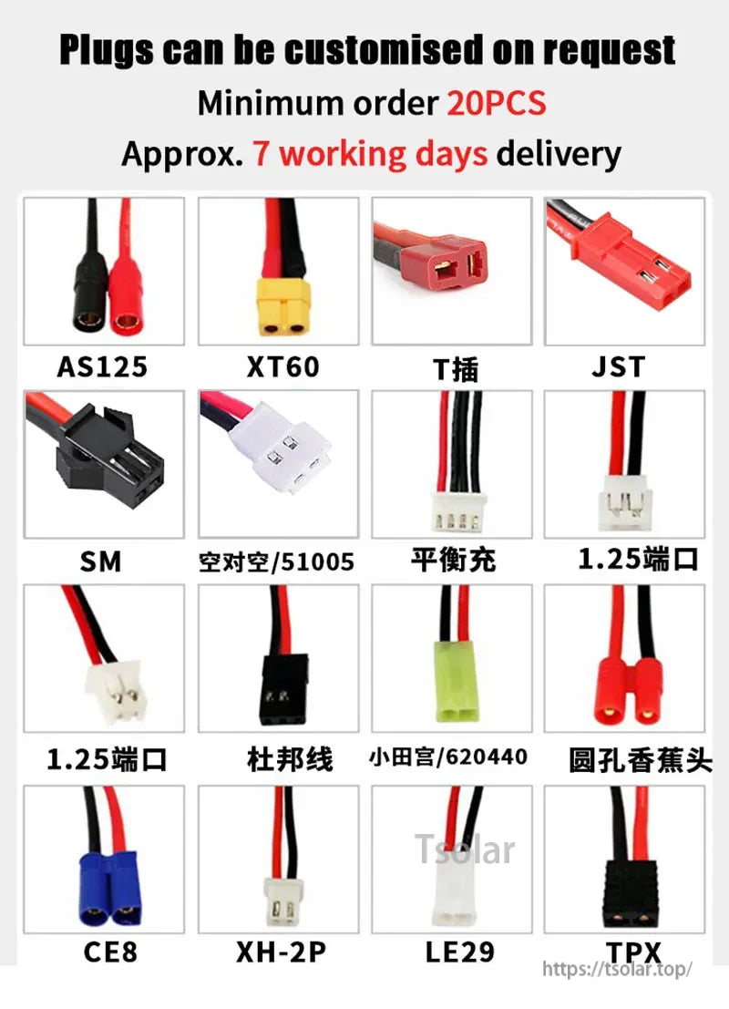 4025100 3.7V 1000mAh Lithium Polymer Battery, Customizable plug types (e.g., XT60, JST, Deans); min. 20 pcs order; delivered in ~7 days. Includes balance charge, XH-2P, banana, and more.