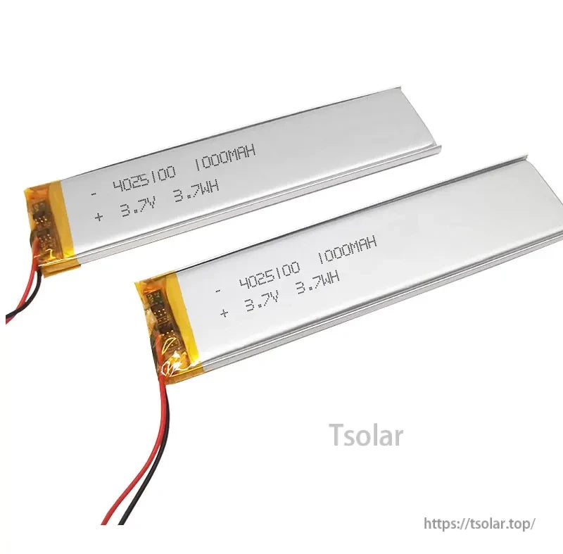 4025100 3.7V 1000mAh Lithium Polymer Battery, Two 1000mAh 3.7V lithium polymer batteries with silver casing, red/black wires, labeled; total 3.7Wh each.