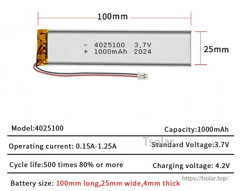 4025100 3.7V 1000mAh Lithium Polymer Battery, 3.7V 1000mAh Li-Po battery, 100×25×4mm, 0.15–1.25A current, 500 cycles at 80%, charges to 4.2V.