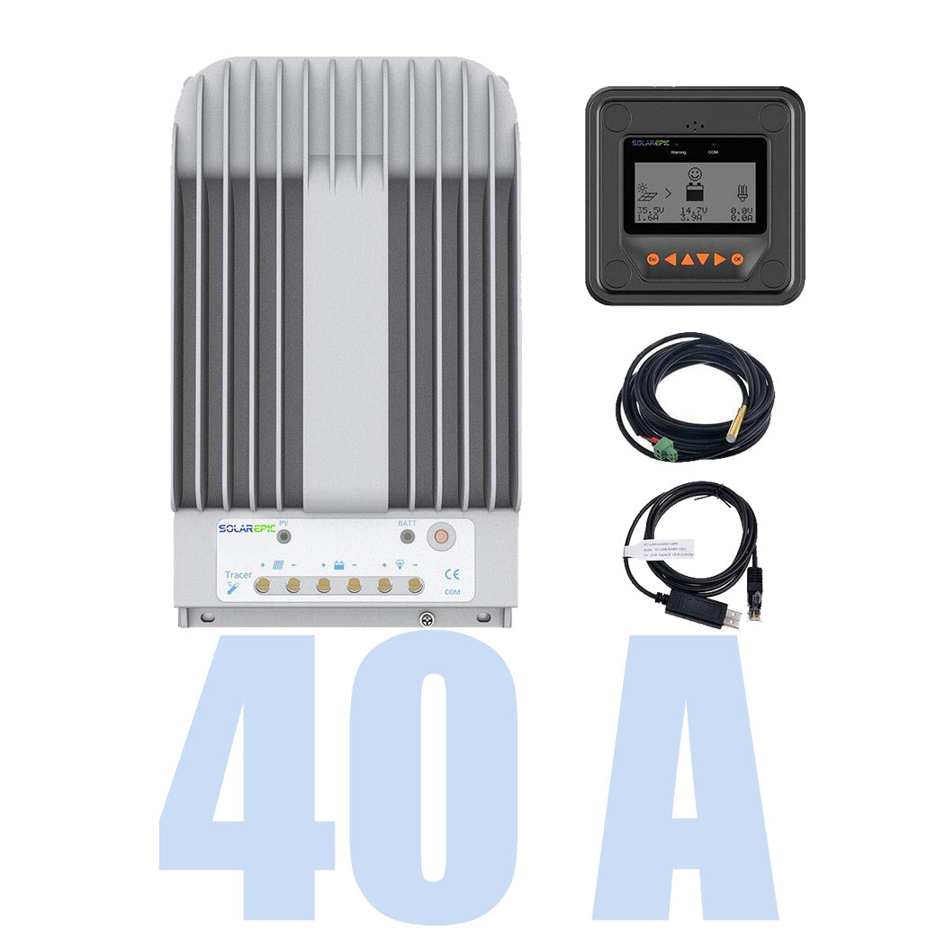 EPEVER Tracer 40A MPPT solar charge controller kit with MT50 display meter, temp sensor, and USB-RS485 cable