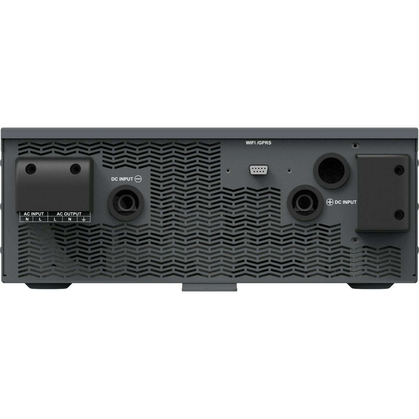 Rear panel of EPEVER UPower-Hi 3000W hybrid inverter with AC input/output terminals, dual DC inputs, and WiFi/GPRS port