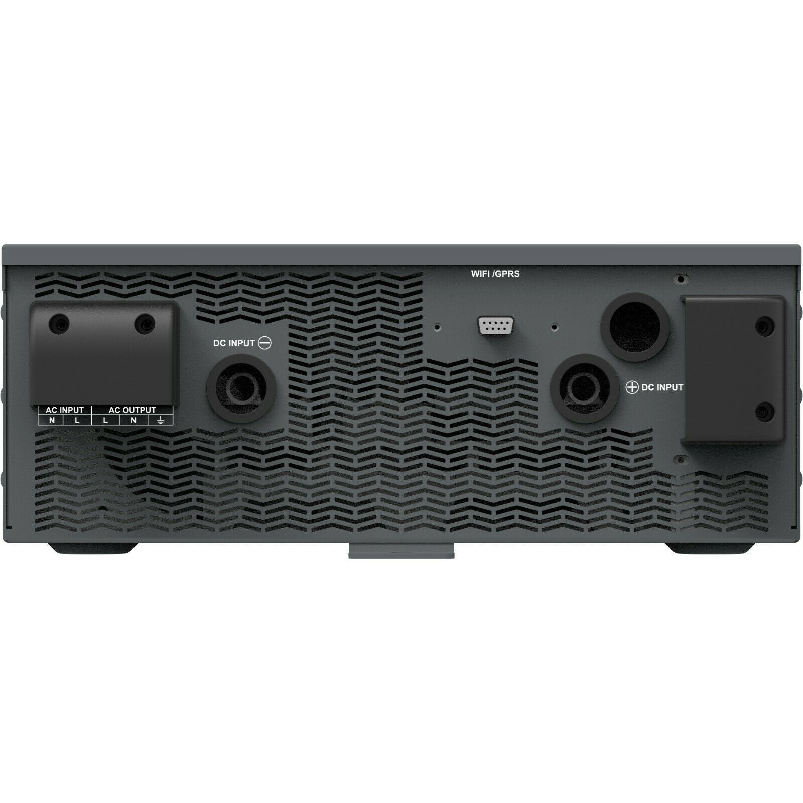 Rear panel of EPEVER UPower-Hi 3000W hybrid inverter with AC input/output terminals, dual DC inputs, and WiFi/GPRS port