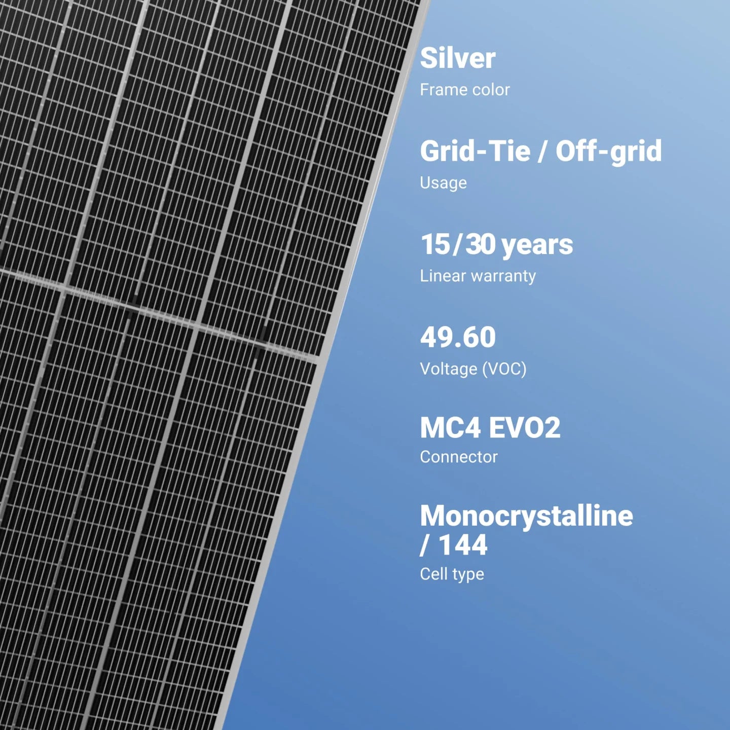 Thornova 550W Solar Panel, Solar panel features: silver frame, grid-tie/off-grid use, long warranty, high voltage, and quality cells.