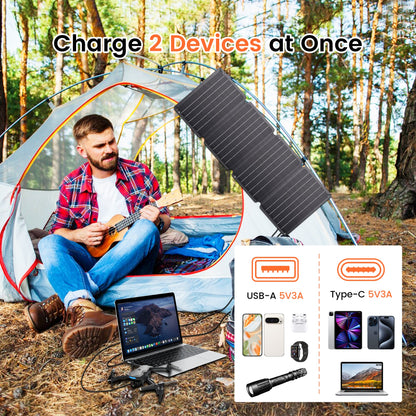 CTOLITY SPC36 36W Foldable Solar Panel, This solar panel charges two devices at once via USB-A and Type-C ports, each at 5V3A, and is waterproof for outdoor use.