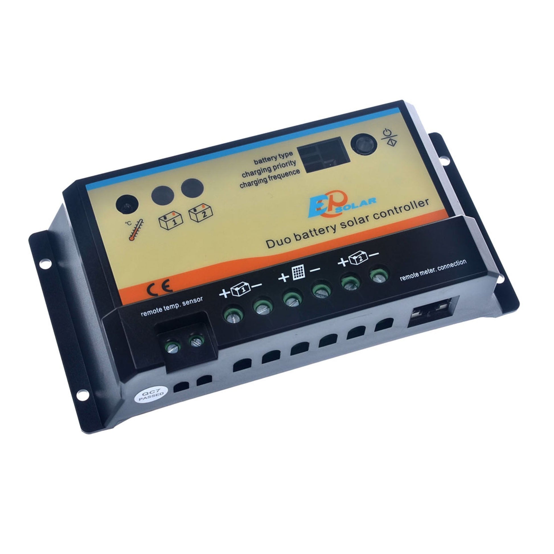 EP Solar dual battery solar charge controller with LCD panel, buttons, and screw terminals for wiring