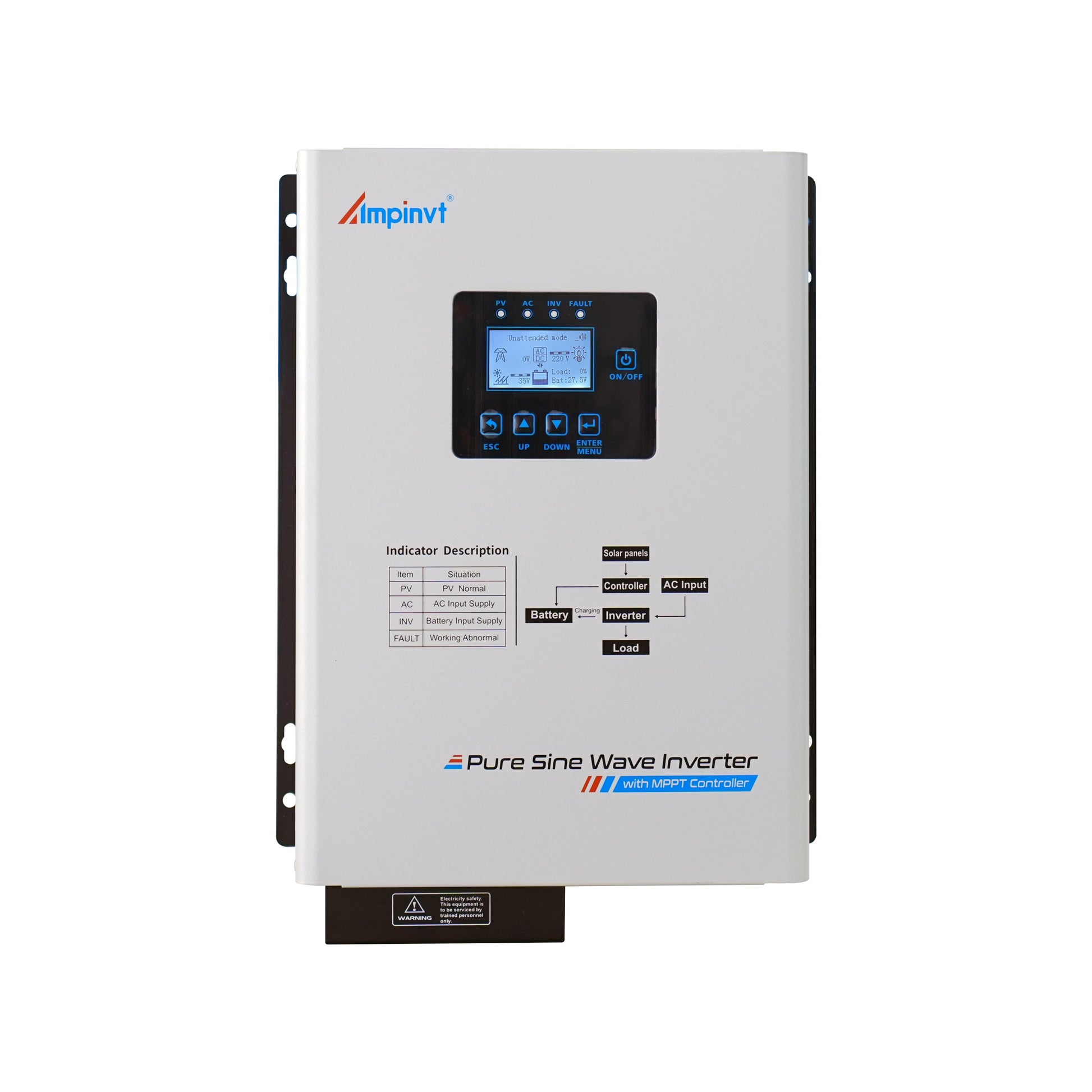 Ampinvt HTS-Series 1000W off-grid solar inverter with LCD display, PV/AC/INV/FAULT LEDs and control buttons