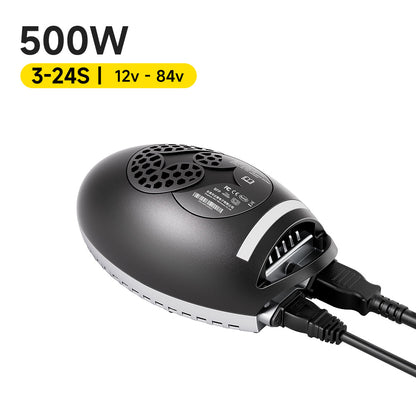 Daly 500W IP67 waterproof lithium battery charger close-up on white, labeled 3–24S 12–84V