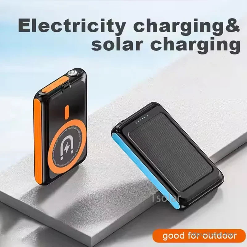 5000mAh Magnetic Wireless Solar Power Bank, A slim, phone-sized body with anti-slip color options makes it ideal for travel, hiking, and emergencies.