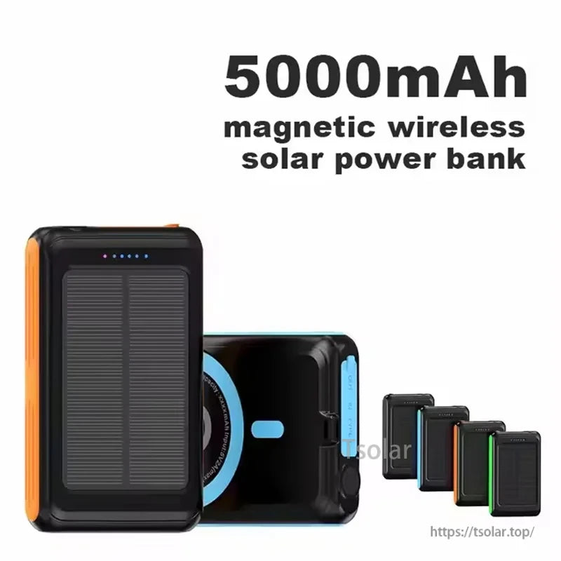 5000mAh Magnetic Wireless Solar Power Bank, A portable power bank originating from Mainland China, with dimensions approximately 12 cm × 10 cm.