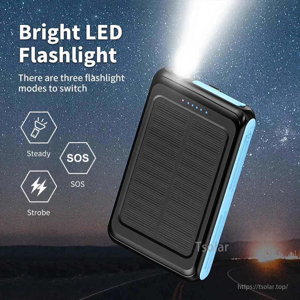 5000mAh Magnetic Wireless Solar Power Bank, Bright LED flashlight with steady, SOS, and strobe modes. Solar power bank with 5000mAh and magnetic wireless charging.