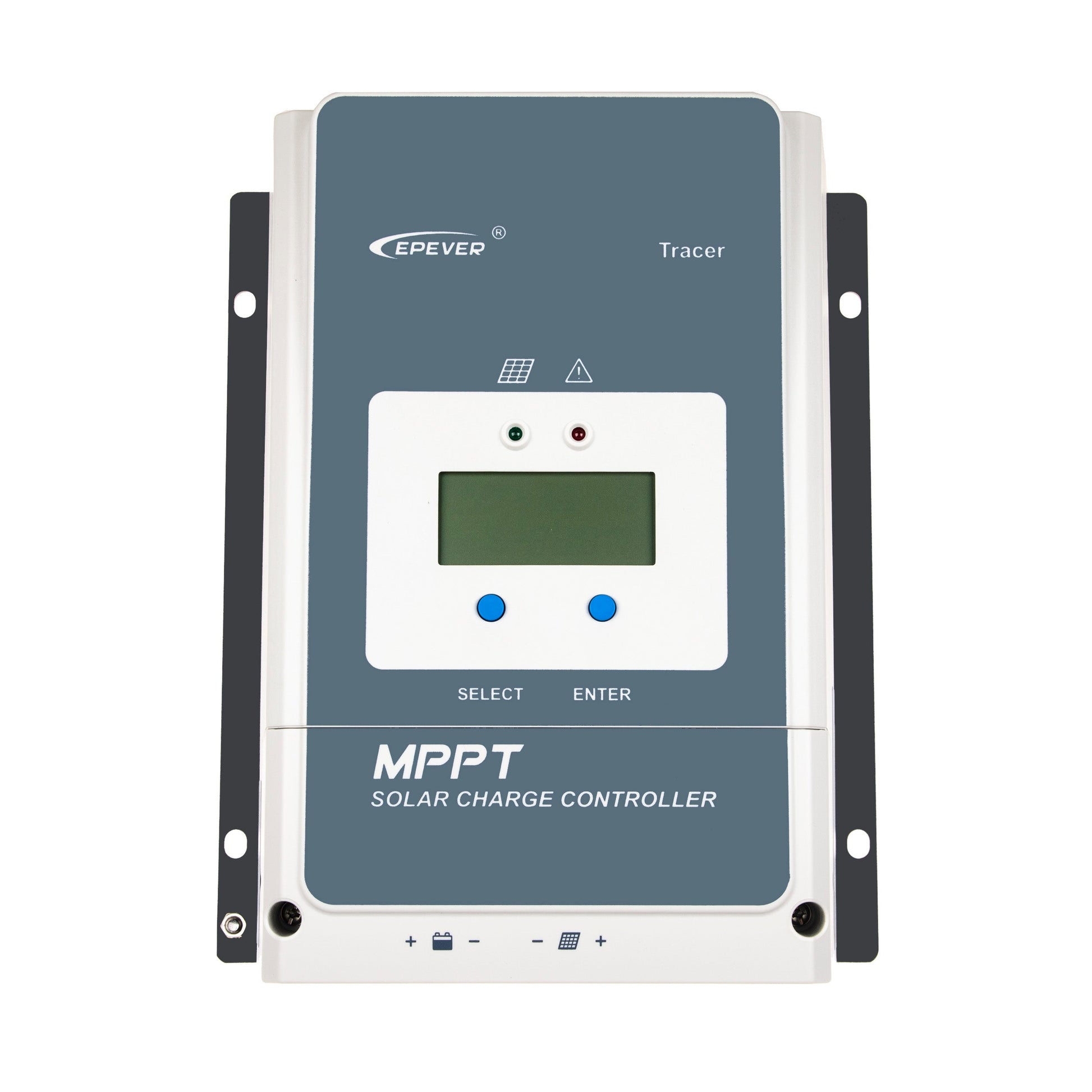 Epever Tracer AN MPPT Solar Charge Controller, Epever Tracer MPPT solar charge controller with LCD display, Select/Enter buttons, and side mounting tabs