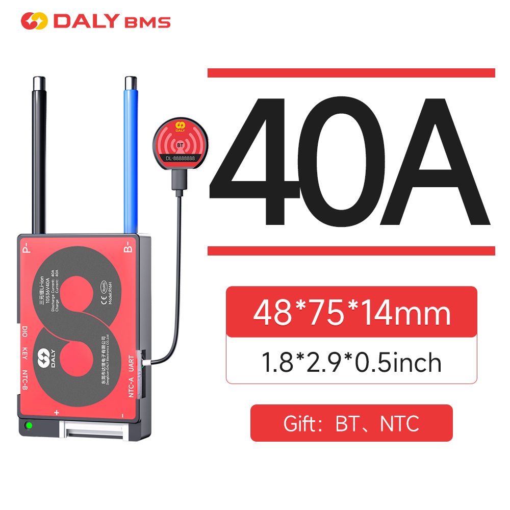 Daly Smart H Series smart BMS rated 40A with Bluetooth module, NTC sensor lead, and 48×75×14 mm case