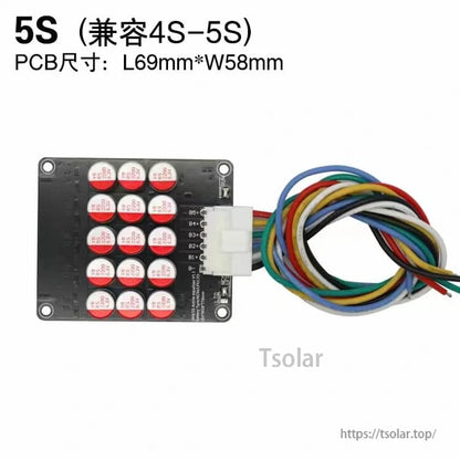 5S active equalizer balancer board (compatible 4S–5S) with multicolor leads, PCB size L69 x W58 mm