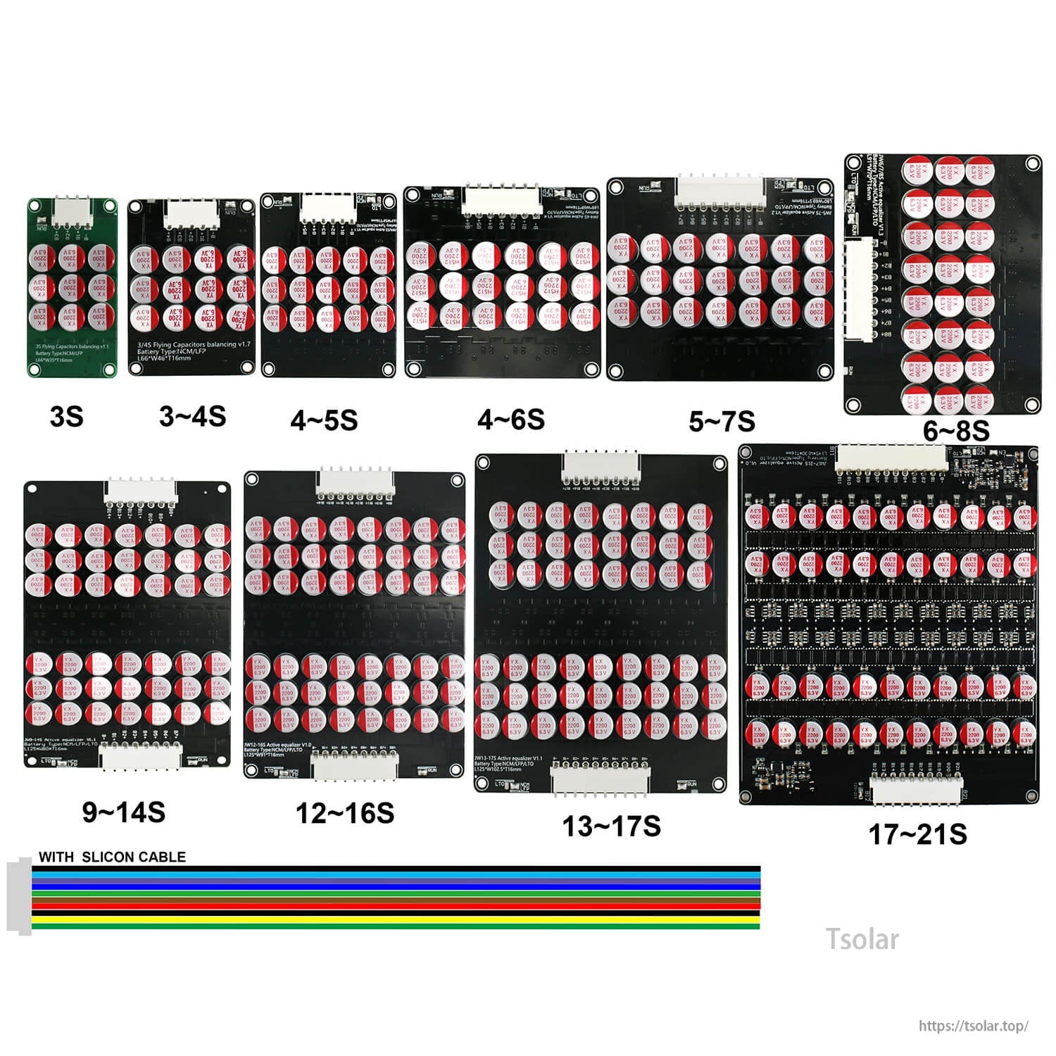 5A capacitor active equalizer balancer boards for LiFePO4/NCM/Li-ion packs, with 3S–21S options and silicone cable