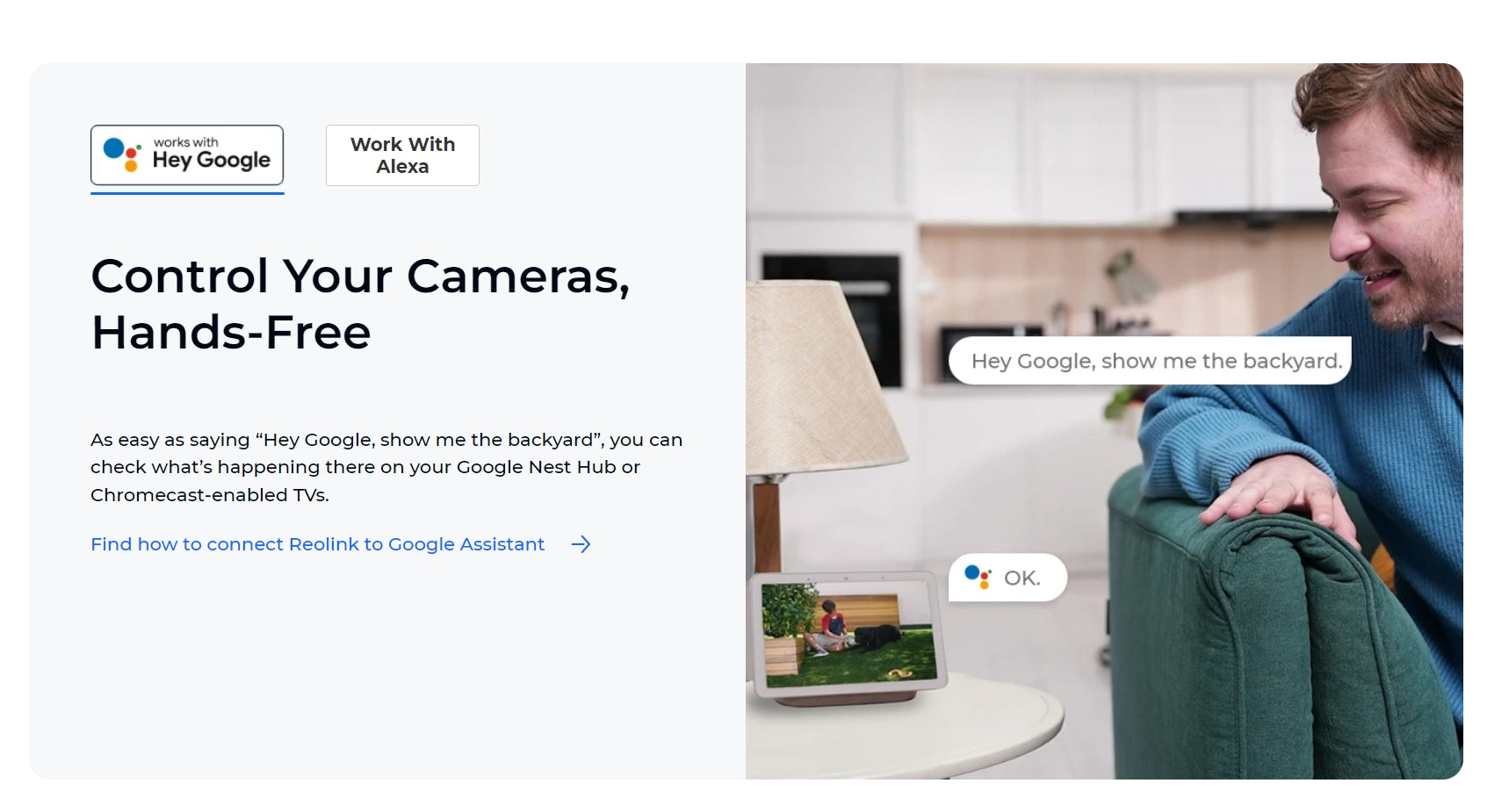 Voice control cameras with Google, Alexa, or Assistant for seamless viewing on Nest Hub or Chromecast TVs.