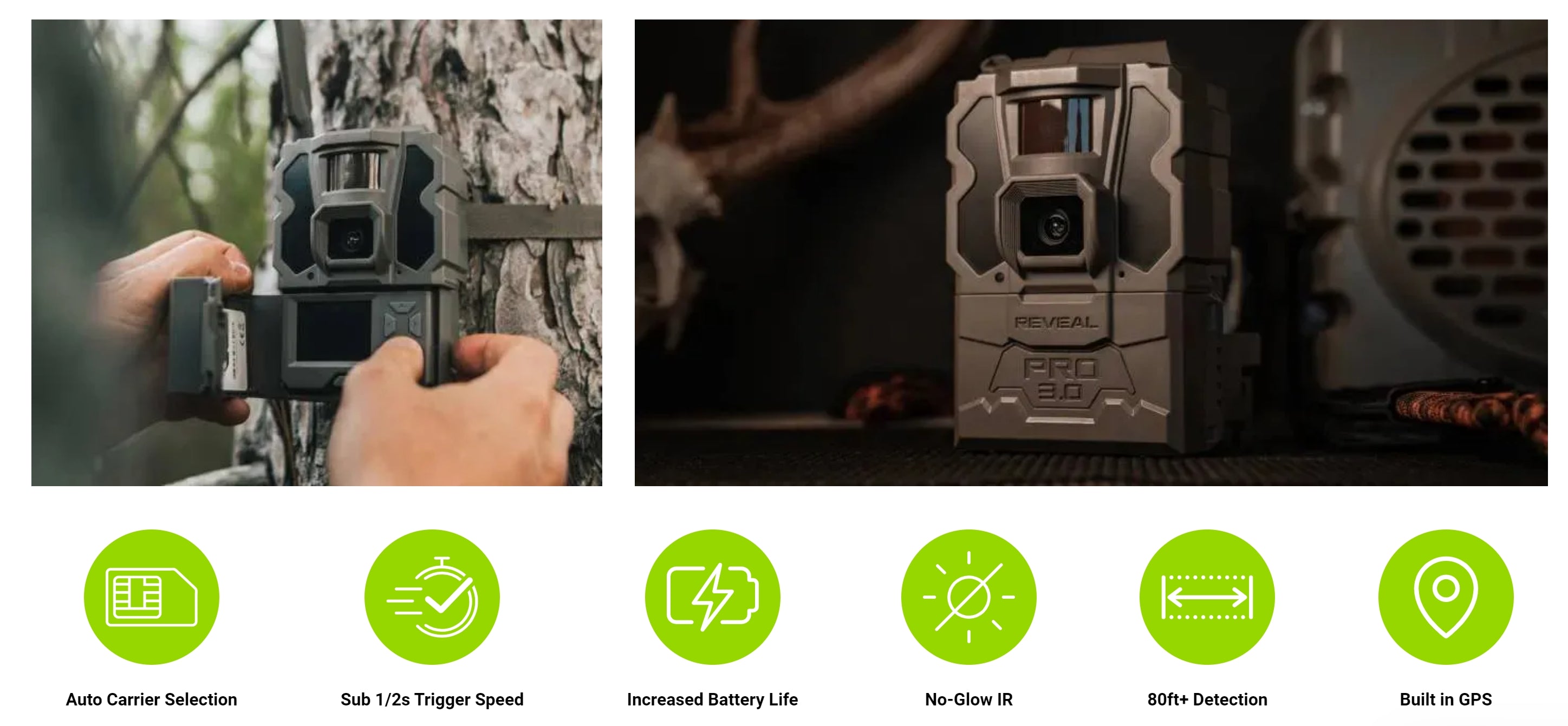 Tactacam Reveal Pro 3.0, Advanced features like quick trigger, long battery life, invisible night vision, and built-in GPS navigation.