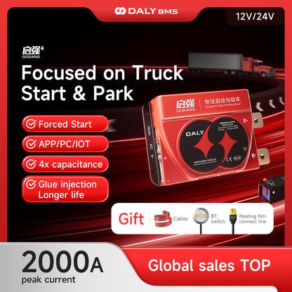 Daly Smart BMS promo graphic for truck start & park, showing forced start and app/PC/IoT features