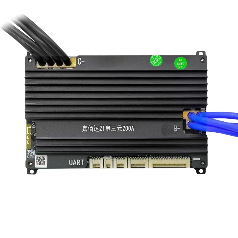 Jiabaida SP21S001 Smart BMS front view with finned aluminum heatsink, C- lead and B- terminal