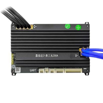 Jiabaida SP21S001 Smart BMS front view with finned aluminum heatsink, C- lead and B- terminal