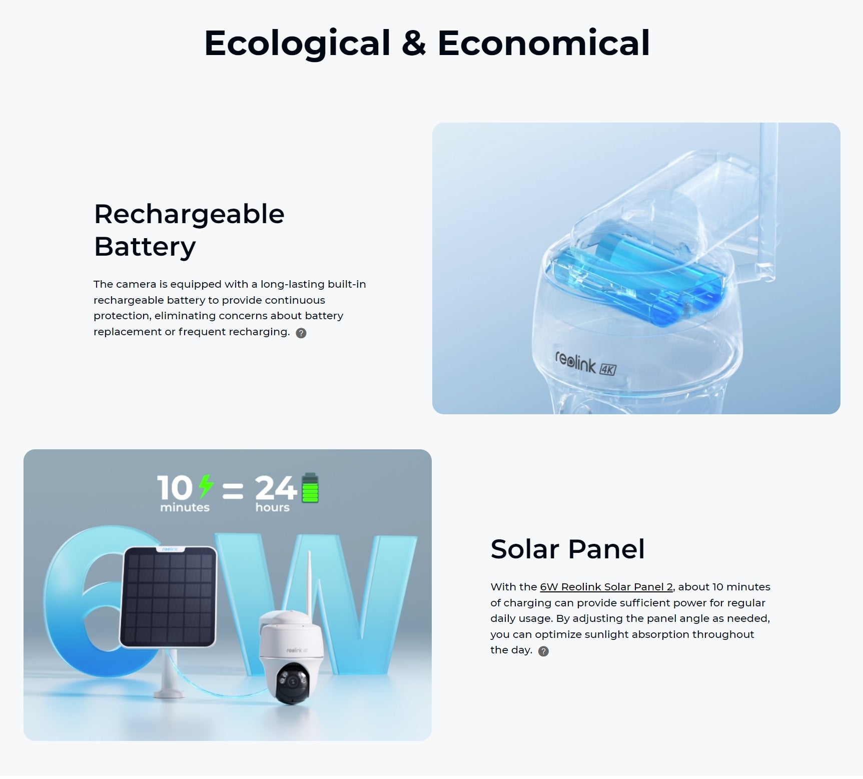 Rechargeable battery with built-in solar panel for continuous power.