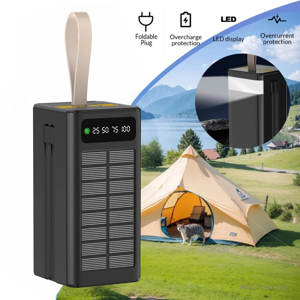 60000mAh Solar Power Bank, A 60,000mAh solar power bank featuring a foldable plug, LED display, and protections against overcharging and overcurrent.
