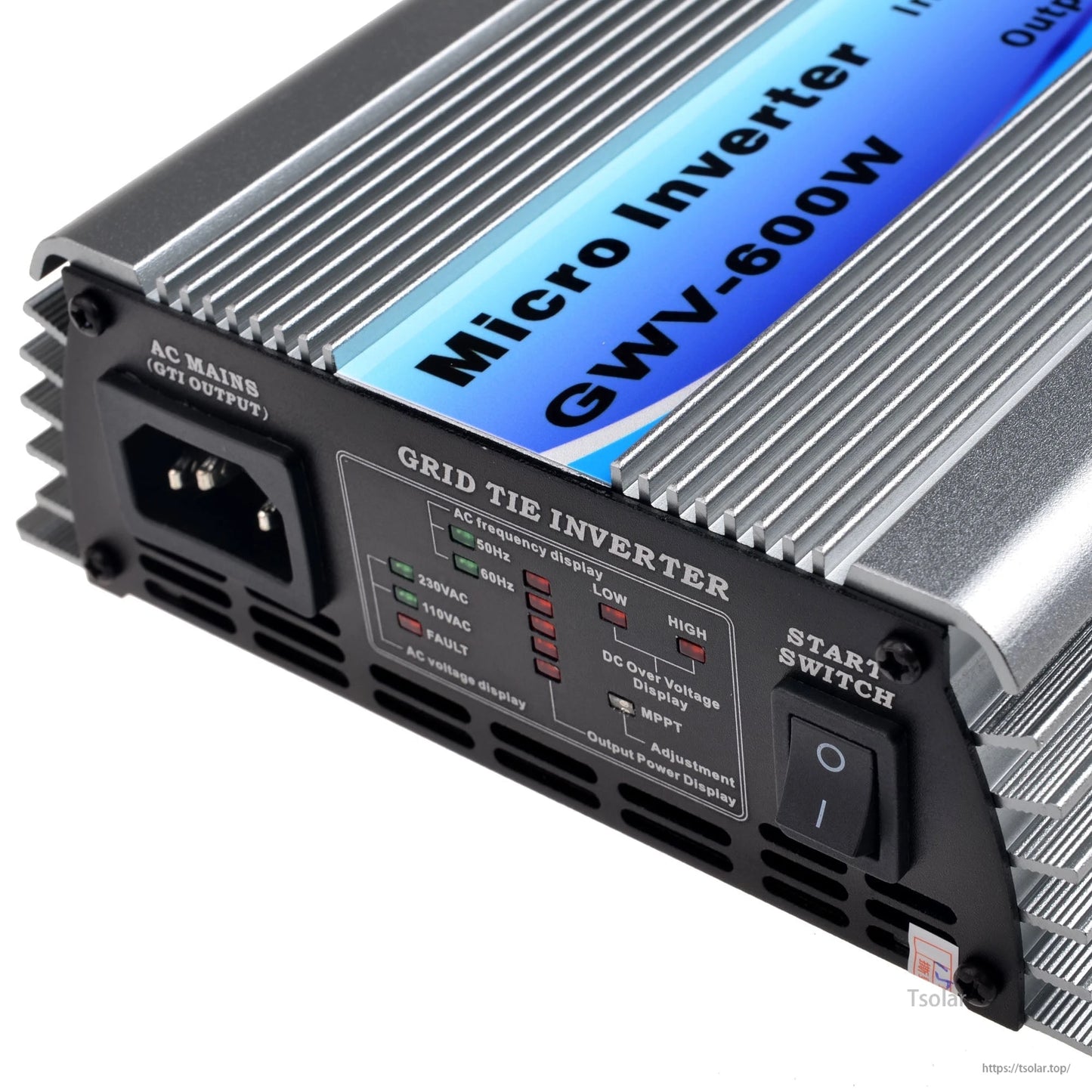 600W Grid Tie Inverter, 600W grid tie micro inverter G-WV-600W with AC mains output socket, status LEDs, and start switch