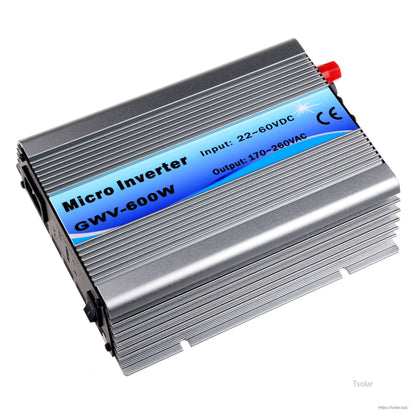 600W Grid Tie Inverter, GWV-600W micro grid-tie inverter in finned aluminum case, labeled input 22–60VDC and output 170–260VAC