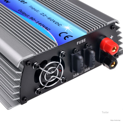 600W Grid Tie Inverter, Grid tie inverter with finned aluminum case, cooling fan, 30A fuse holders, and 22–60VDC input / 90–140VAC output label