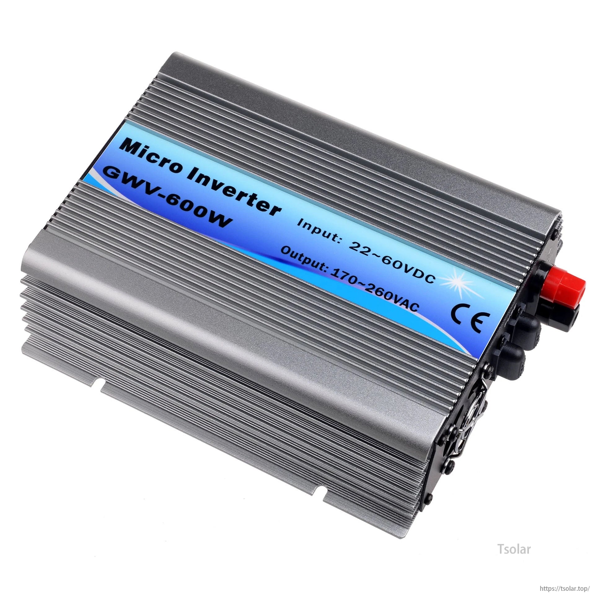 600W Grid Tie Inverter, 600W grid tie micro inverter GWV-600W with finned aluminum case, 22–60VDC input and 170–260VAC output label