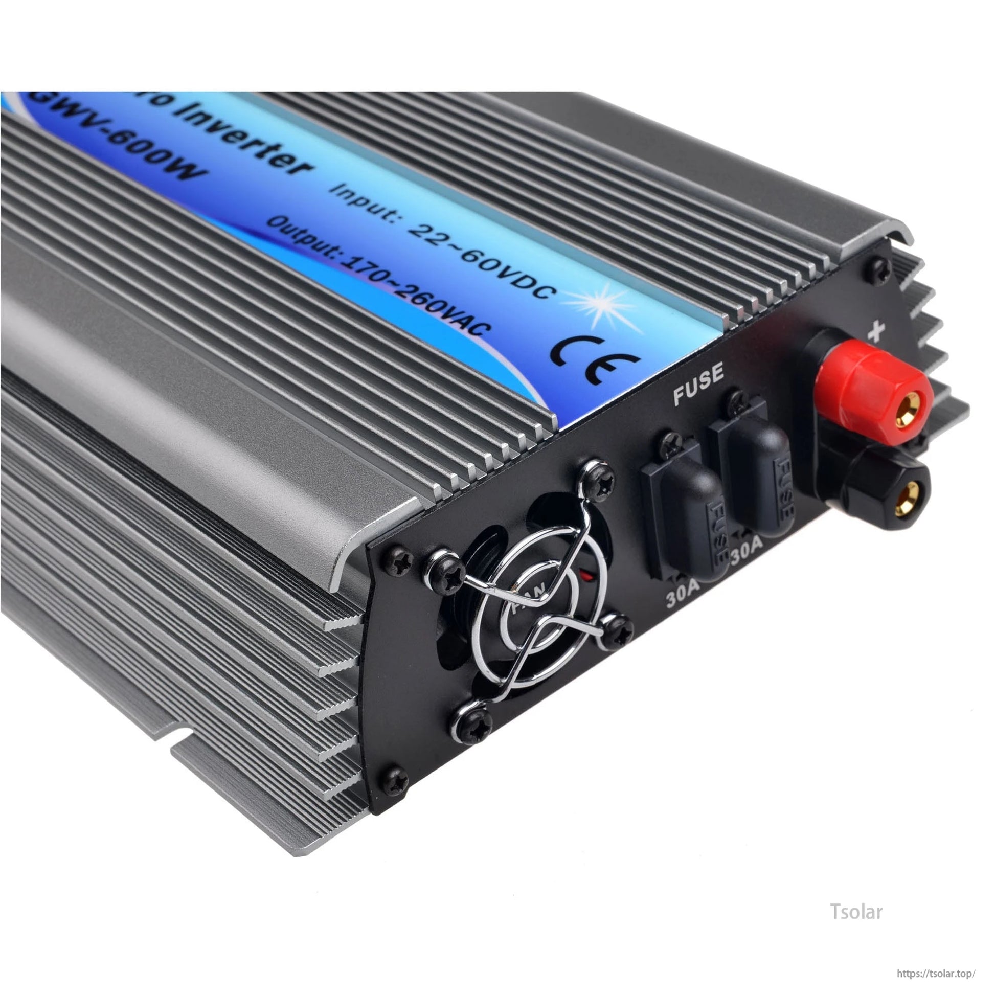 600W grid tie inverter with finned aluminum case, fuse, and DC input terminals; label shows 22–60VDC to 170–260VAC
