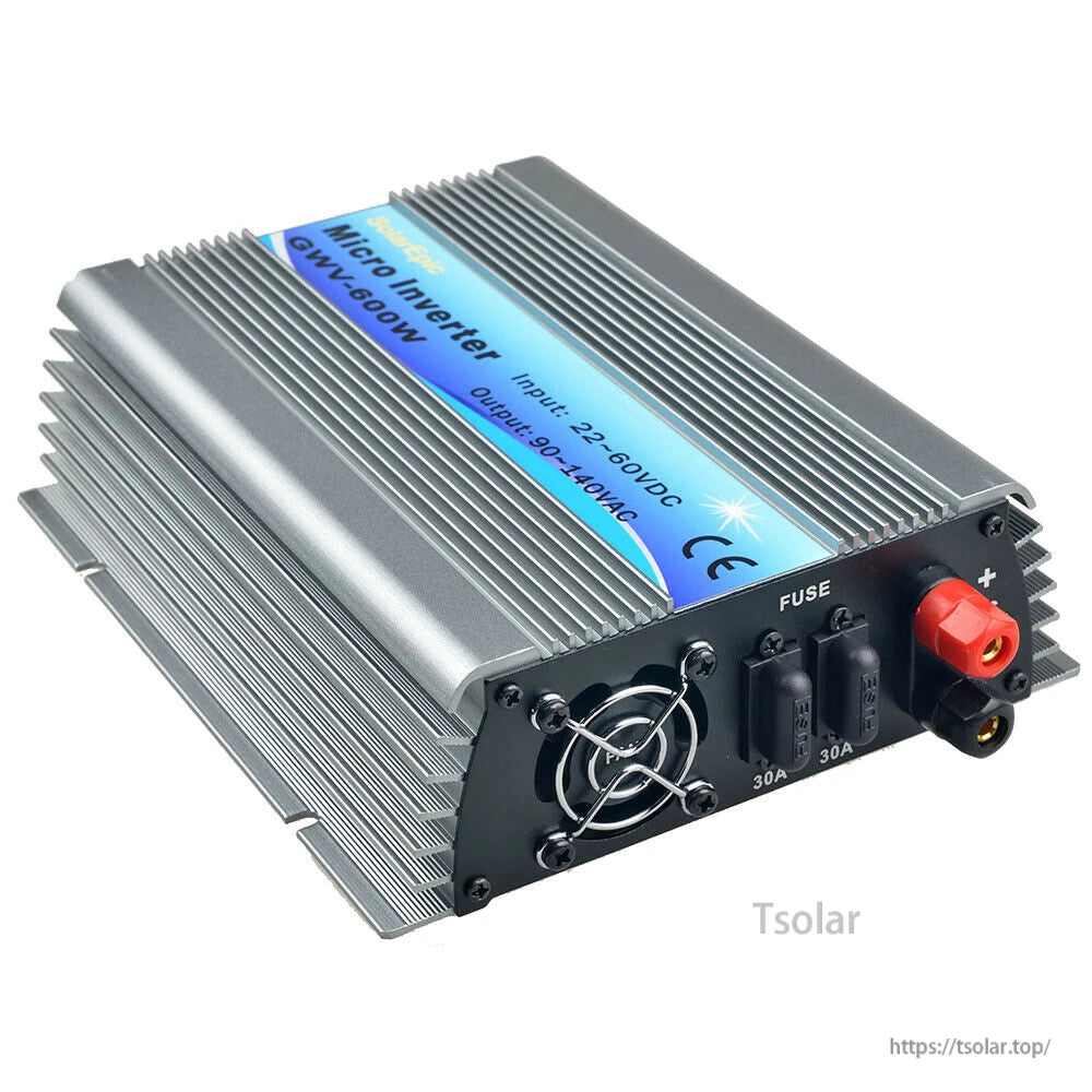 600W grid tie inverter with finned aluminum housing, cooling fan, dual 30A fuses, and DC input terminals