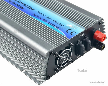 600W grid tie inverter with finned aluminum case, cooling fan, fuse, and DC input terminals (22–60VDC).