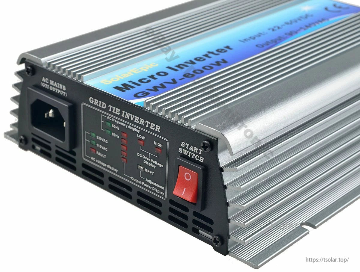 600W Grid Tie Inverter, 600W grid tie micro inverter in silver finned aluminum case with AC mains socket, LED panel, and red power switch