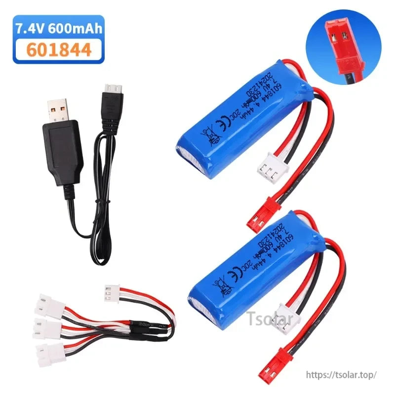 601844 7.4V 600mAh 2S Lipo Battery, 7.4V 600mAh 2S LiPo battery model 601844, includes USB charger and connectors for convenient charging and use.