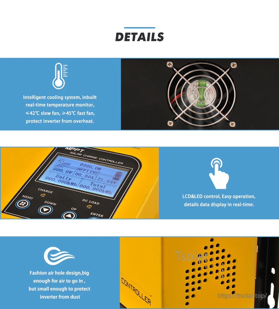 Cooling fan, LCD keypad controls, and vented side panel details for the MP-SERIES MPPT solar charge controller housing