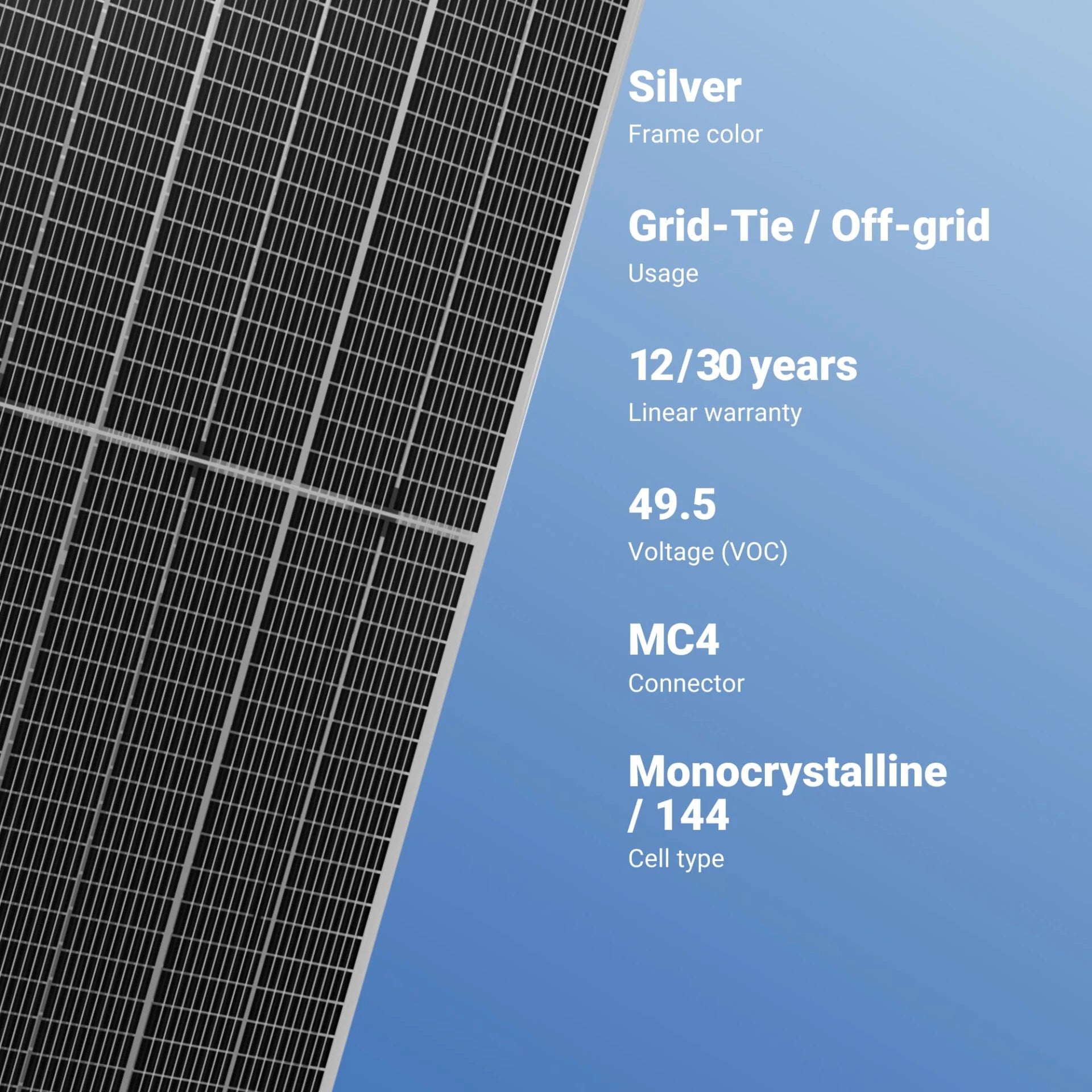 LONGi 540W Solar Panel features 49.5VOC, grid-tie compatibility for off-grid use, and a linear warranty of 12-30 years.