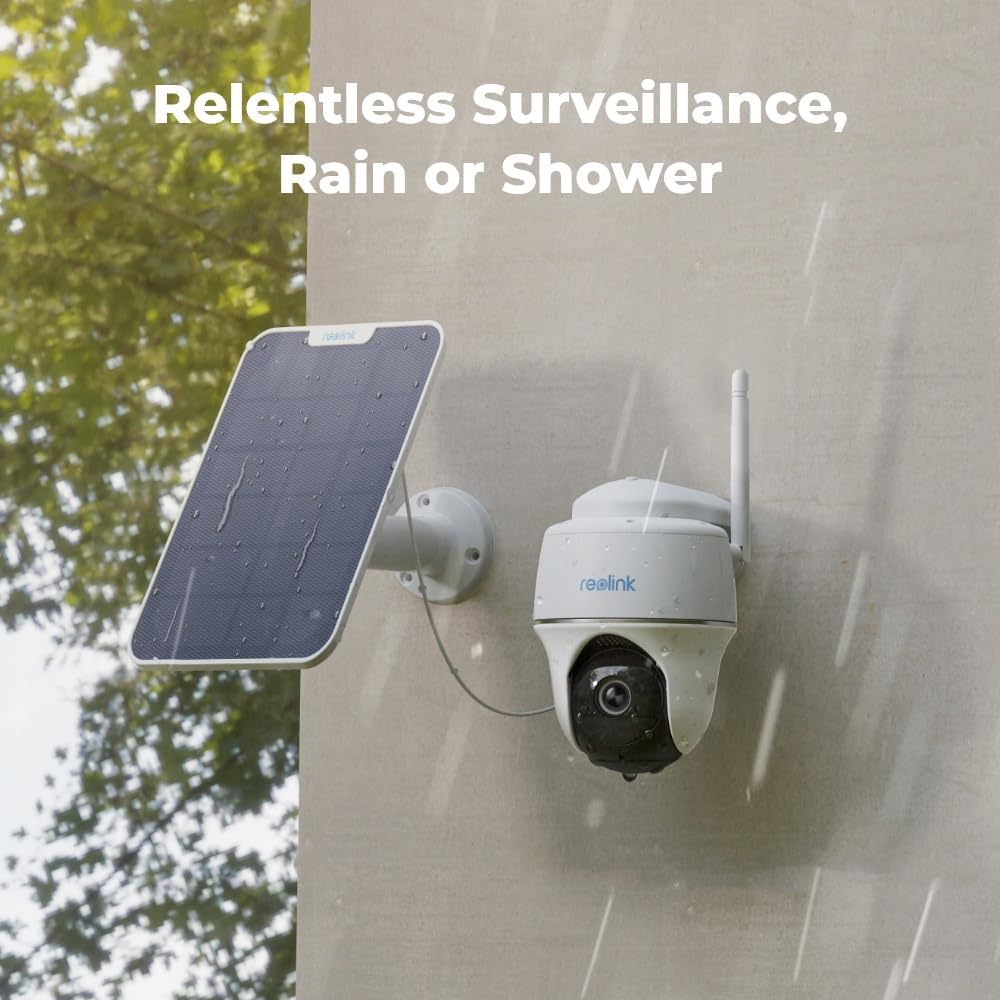 Outdoor security camera with solar power for continuous monitoring.