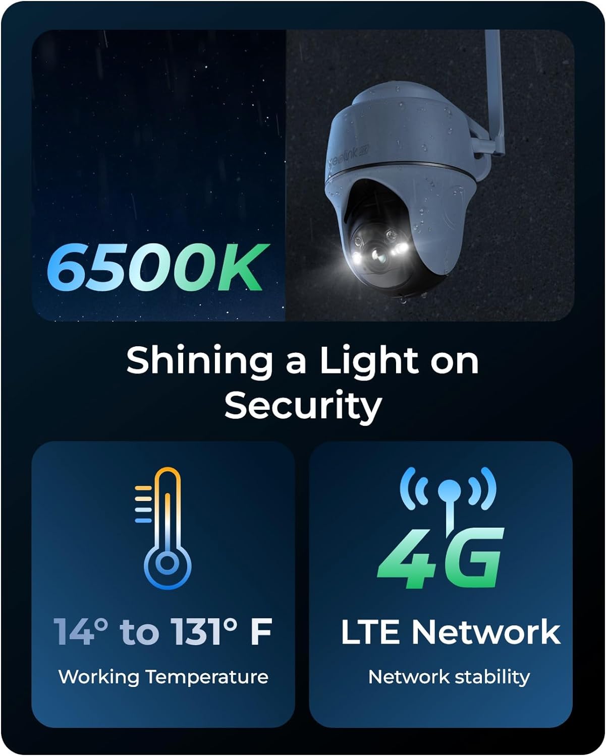 Reolink Go PT Ultra 4G Solar Camera, Camera optimized for AT&T/T-Mobile LTE networks, featuring 4K resolution, solar power, and temp range -40°C to 60°C.