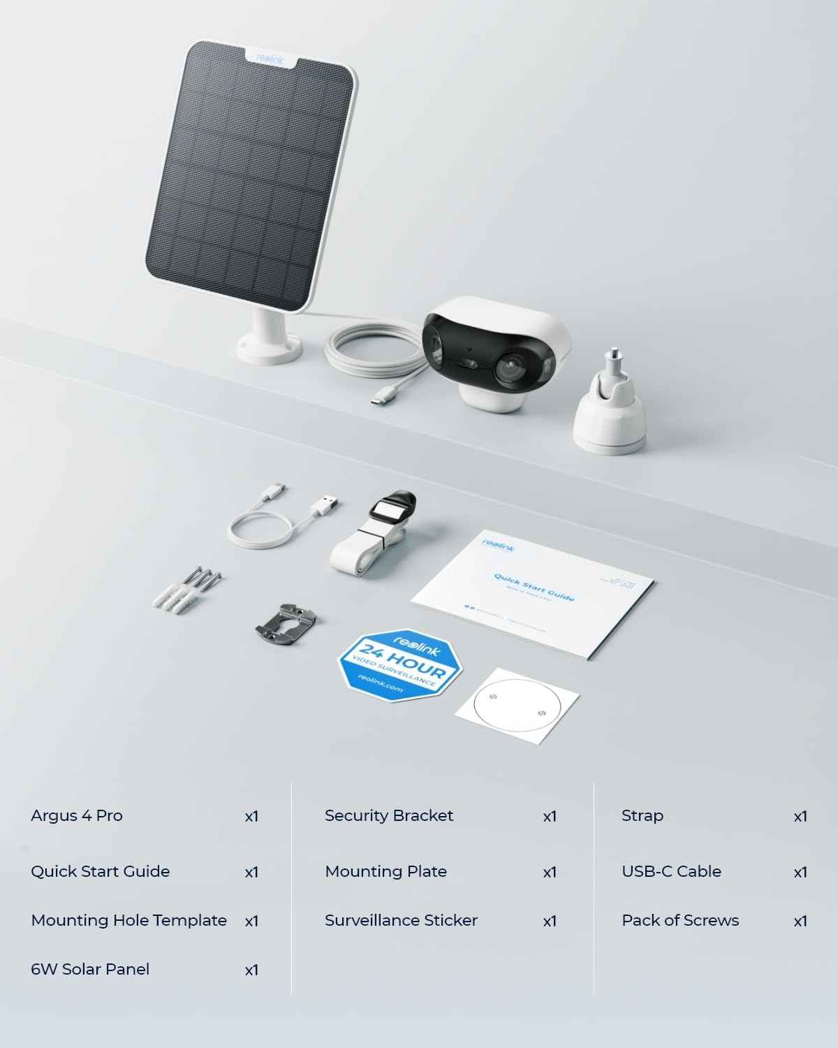 Reolink Argus 4 Pro 4K Solar Camera, Kit includes security bracket, straps, guides, cables, plate, and accessories for easy installation.