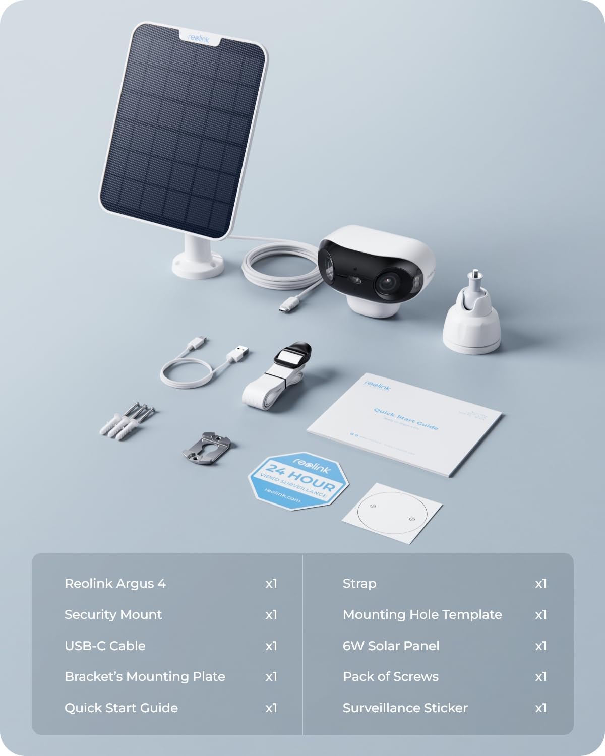 Reolink Argus 4 Solar Camera, Comprehensive kit for Reolink Argus 4 solar-powered camera, includes all necessary components for setup.