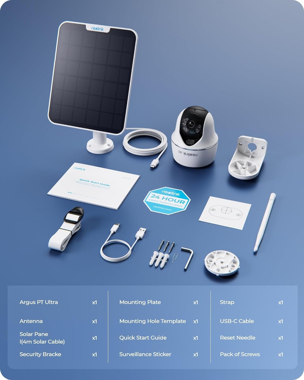 Reolink Argus PT Ultra kit contents: mounting plate, strap, antenna, cables, and accessories.