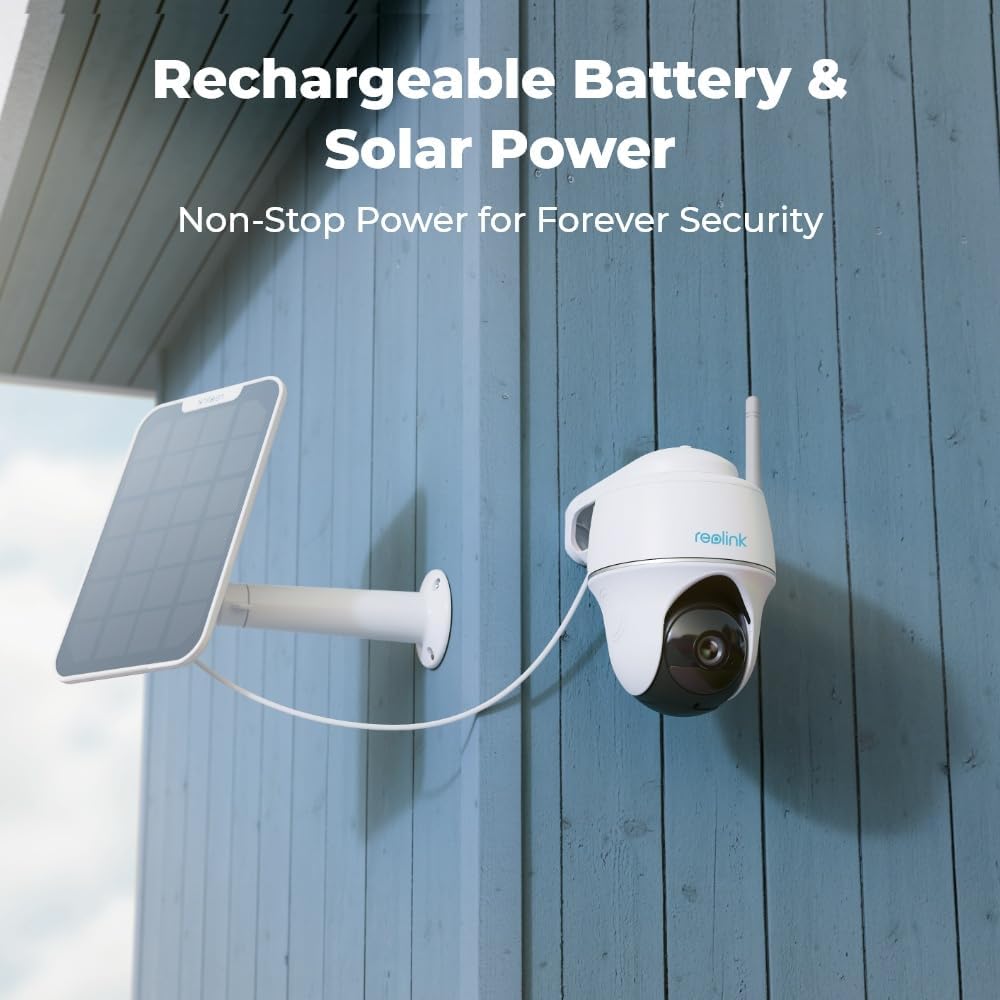 Reliable power source for Reolink Argus PT Lite, using rechargeable batteries and solar power.