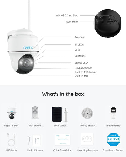 Reolink Argus PT with Solar Panel features and accessories: camera, solar panels, and installation materials.