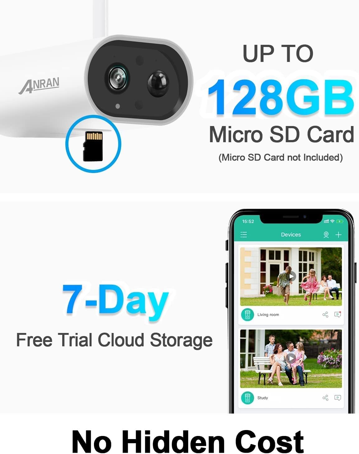 ANRAN S1 Pro 2K 3MP Solar Camera, '15*52 Devices 7-Day Living room Free Trial Cloud Storage Study No Hidden