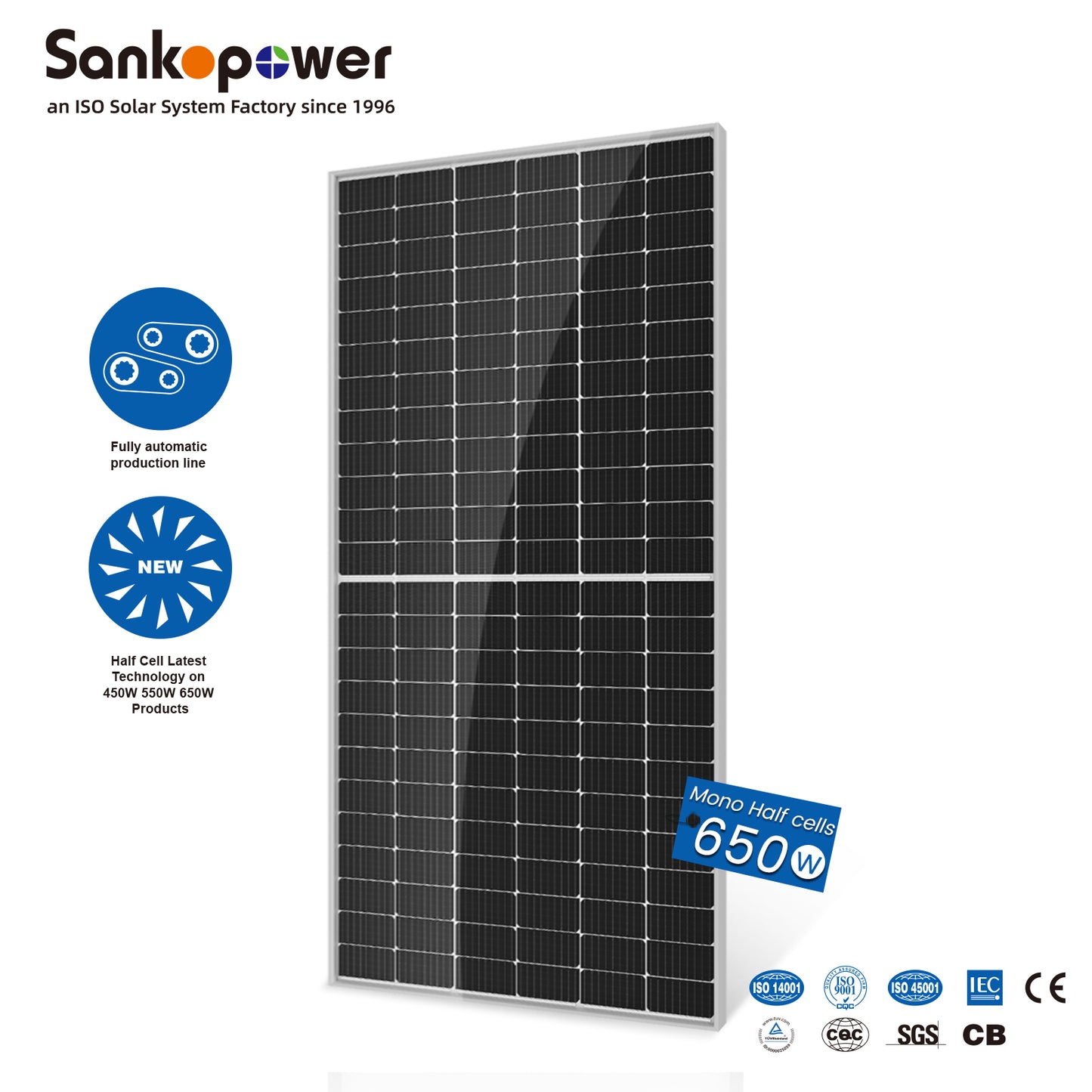 SankoPower 650 Watt Solar Panel, SankoPower: Established 1996, ISO-certified solar panel manufacturer using automated production lines and cutting-edge tech.