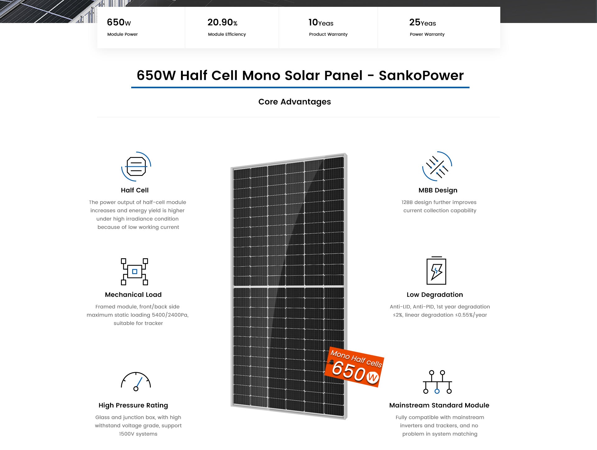 SankoPower 650 Watt Solar Panel, SankoPower 650W solar panel with improved energy yield under high irradiance conditions